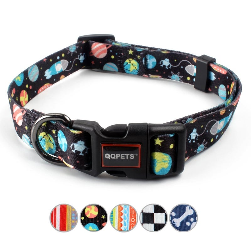 QQPETS Adjustable Soft Dog Collar: Print Flower Pink Multicolor Cute Patterns for XS Small Medium Large Pet Girl Boy Puppy Walking Running Training (L, Space) - Image 1